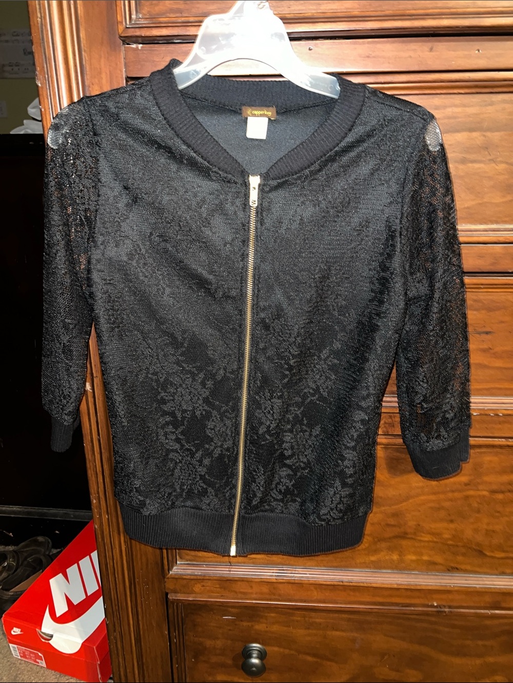 Copper Key Black Lace Zip Bomber Jacket with Gold Zip